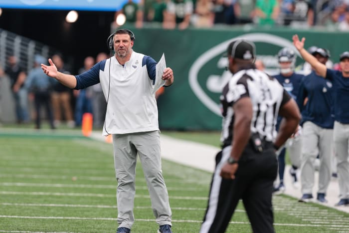 Oct 3, 2021; East Rutherford, New Jersey, USA; Tennessee Titans head coach Mike Vrabel reacts to a call by an official against the New York Jets during overtime at MetLife Stadium.